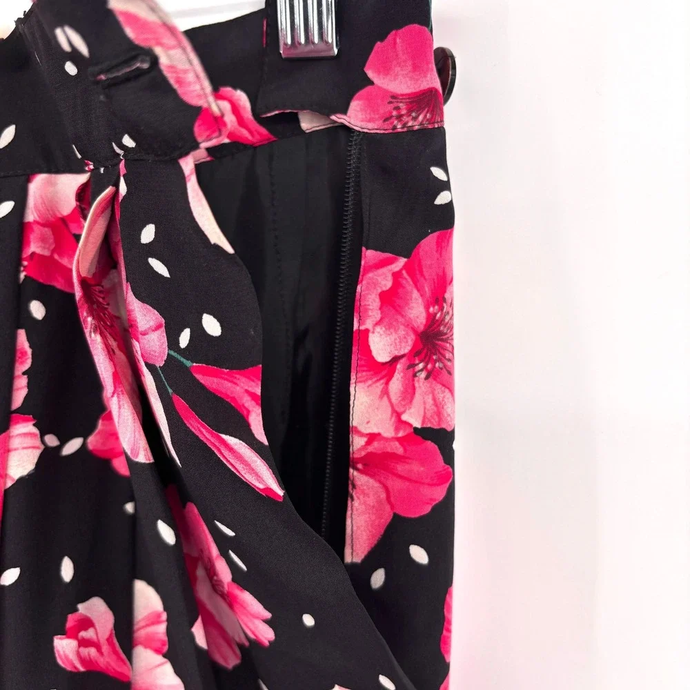 Vintage MaxMara‎ Silk Floral Polka Dot Pleated Skirt Made in Italy Pink Black 8